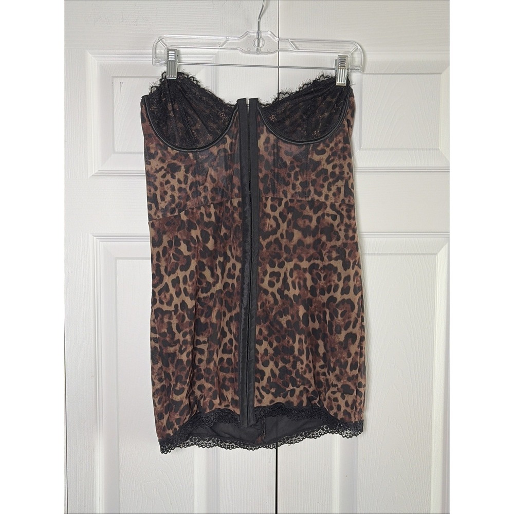 Current Mood Leopard Corset Mini Dress Womens Size XXL Brown Mesh Lace Y2K Goth